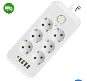 Prailgintuvas su 6 lizdais, su 1 USB C, 4 USB, 2 m, su jungikliu, baltas