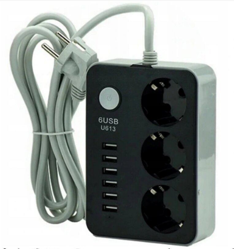 Prailgintuvas 1.8m su 3 lizdais, 6 USB, su jungikliu, Juoda